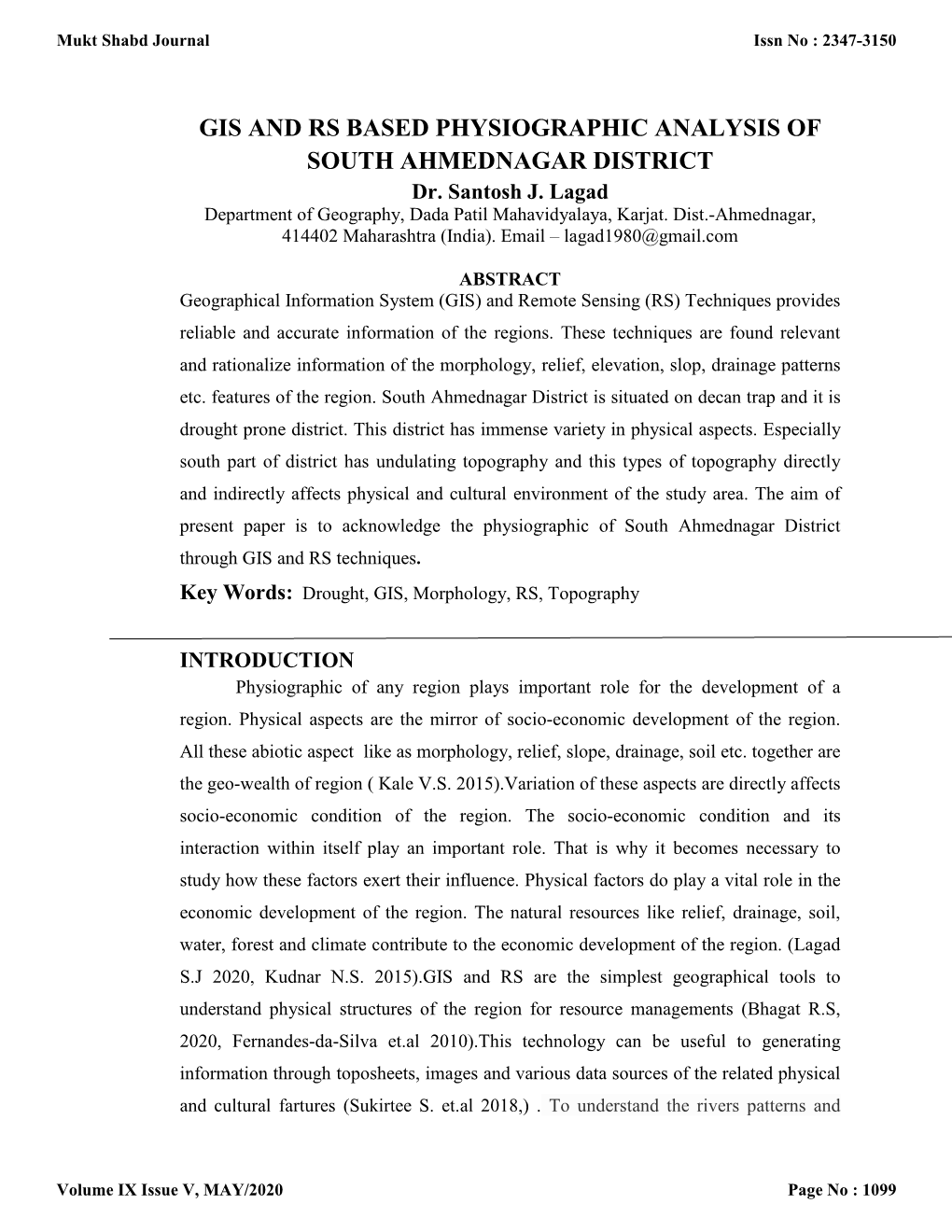 GIS and RS BASED PHYSIOGRAPHIC ANALYSIS of SOUTH AHMEDNAGAR DISTRICT Dr