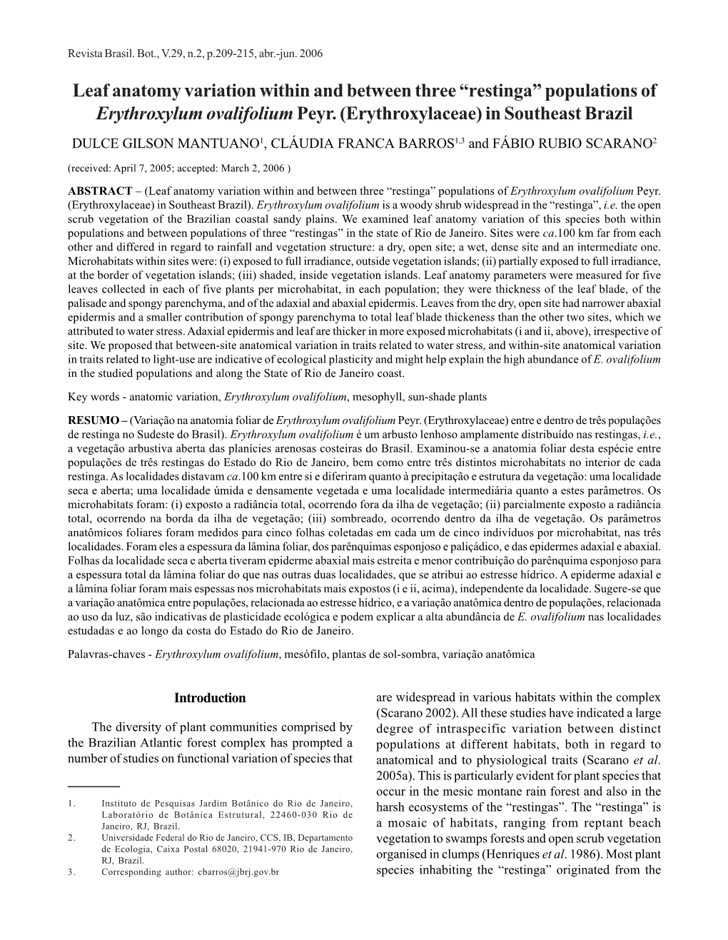 Leaf Anatomy Variation Within and Between Three “Restinga” Populations of Erythroxylum Ovalifolium Peyr