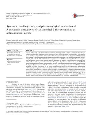 Synthesis, Docking Study, and Pharmacological Evaluation of S-Acetamide Derivatives of 4,6-Dimethyl-2-Thiopyrimidine As Anticonvulsant Agents