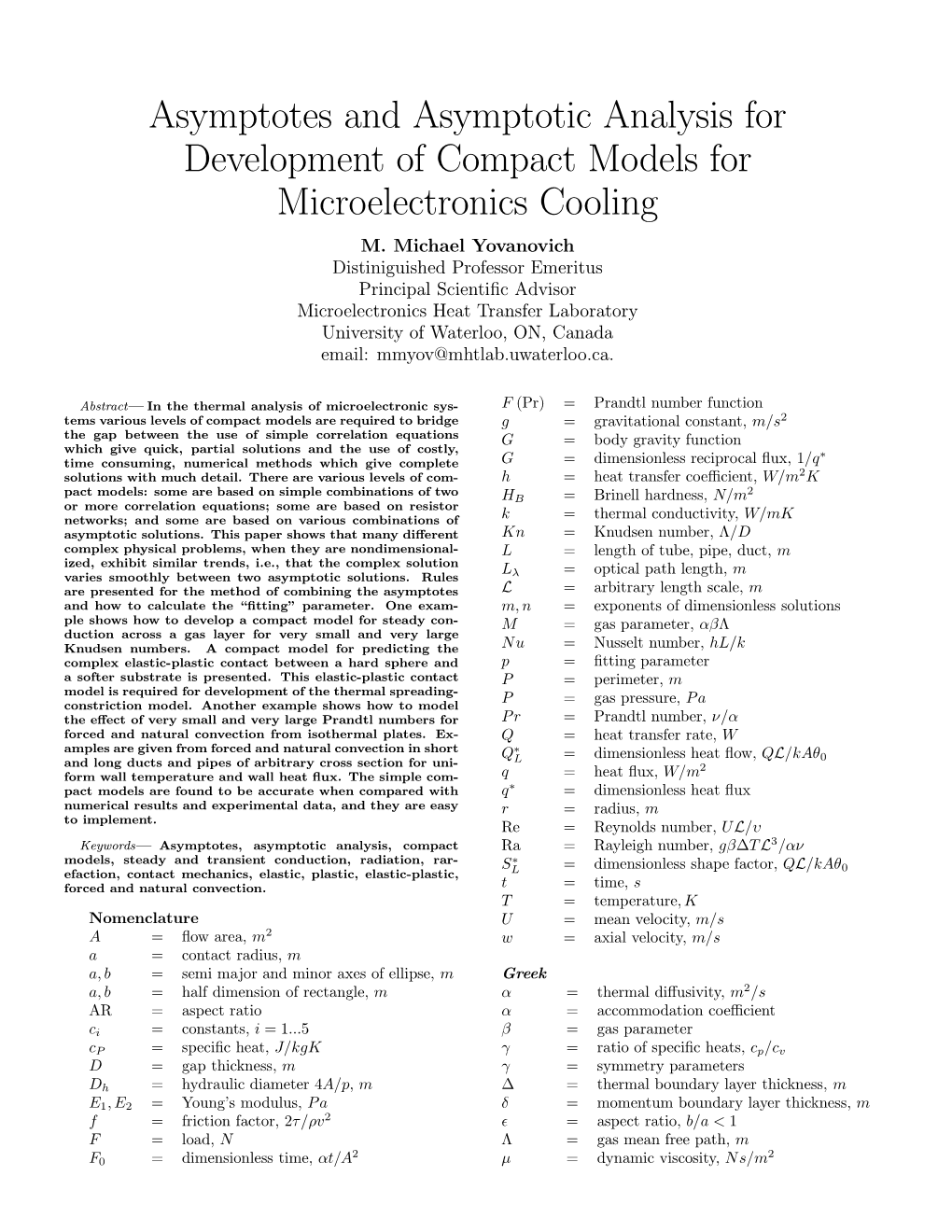 Asymptotes and Asymptotic Analysis for Development of Compact Models for Microelectronics Cooling M