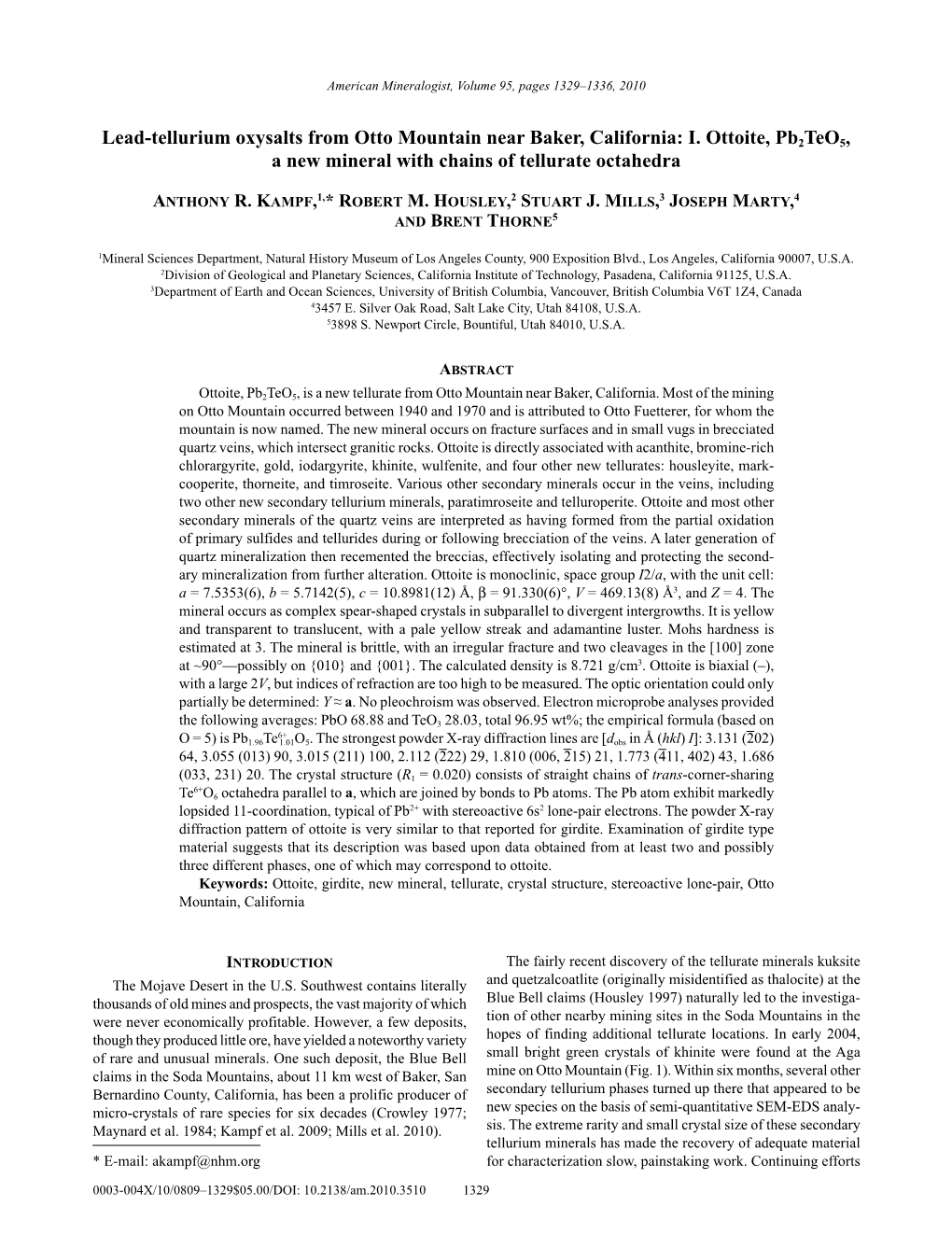 Lead-Tellurium Oxysalts from Otto Mountain Near Baker, California: I