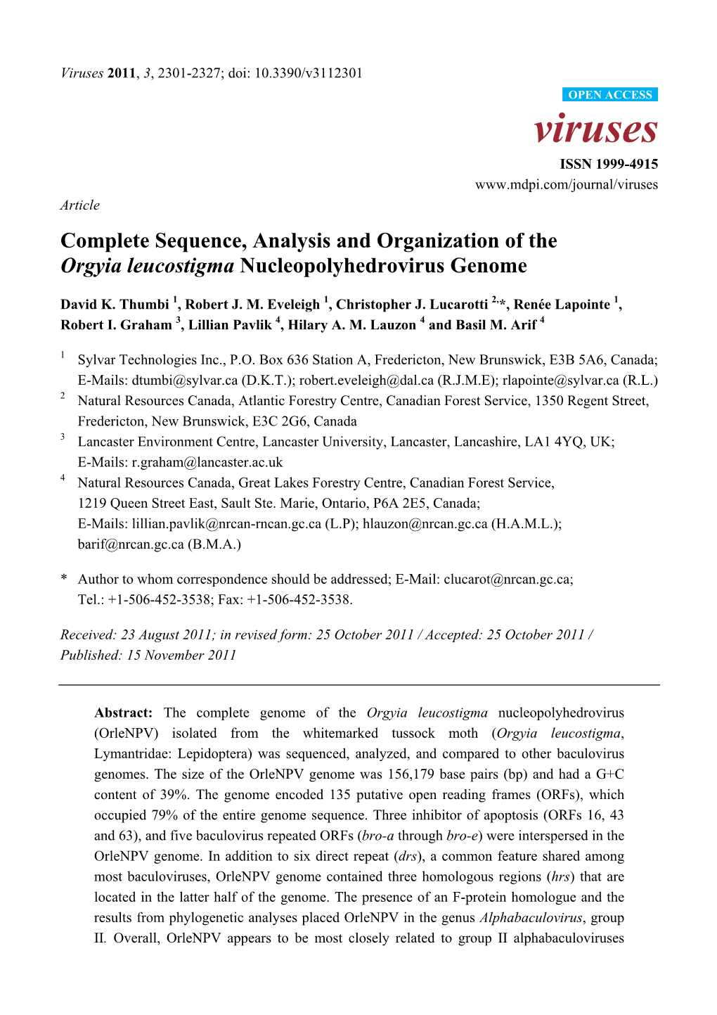 Complete Sequence, Analysis and Organization of the Orgyia Leucostigma Nucleopolyhedrovirus Genome