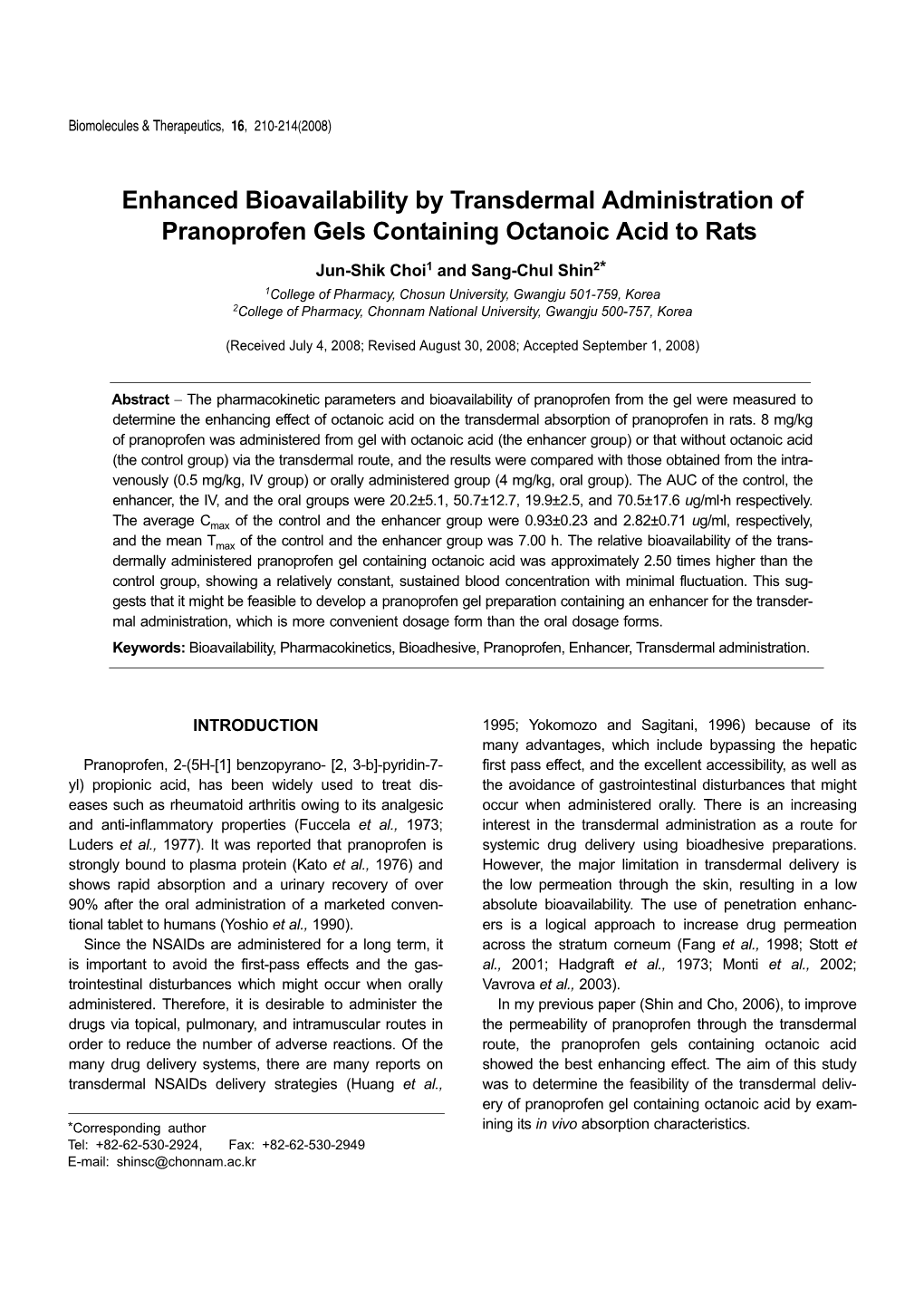 Enhanced Bioavailability by Transdermal Administration of Pranoprofen Gels Containing Octanoic Acid to Rats