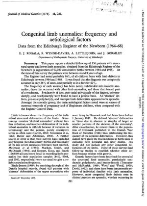 Congenital Limb Anomalies: Frequency and Aetiological Factors Data from the Edinburgh Register of the Newborn (196448) E