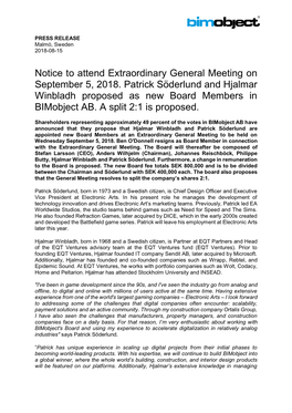 Notice to Attend Extraordinary General Meeting on September 5, 2018