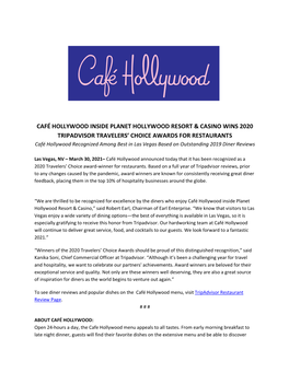 Café Hollywood Inside Planet Hollywood Resort & Casino Wins 2020