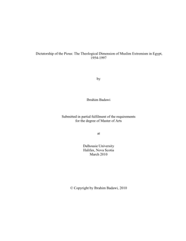 Dictatorship of the Pious: the Theological Dimension of Muslim Extremism in Egypt, 1954-1997