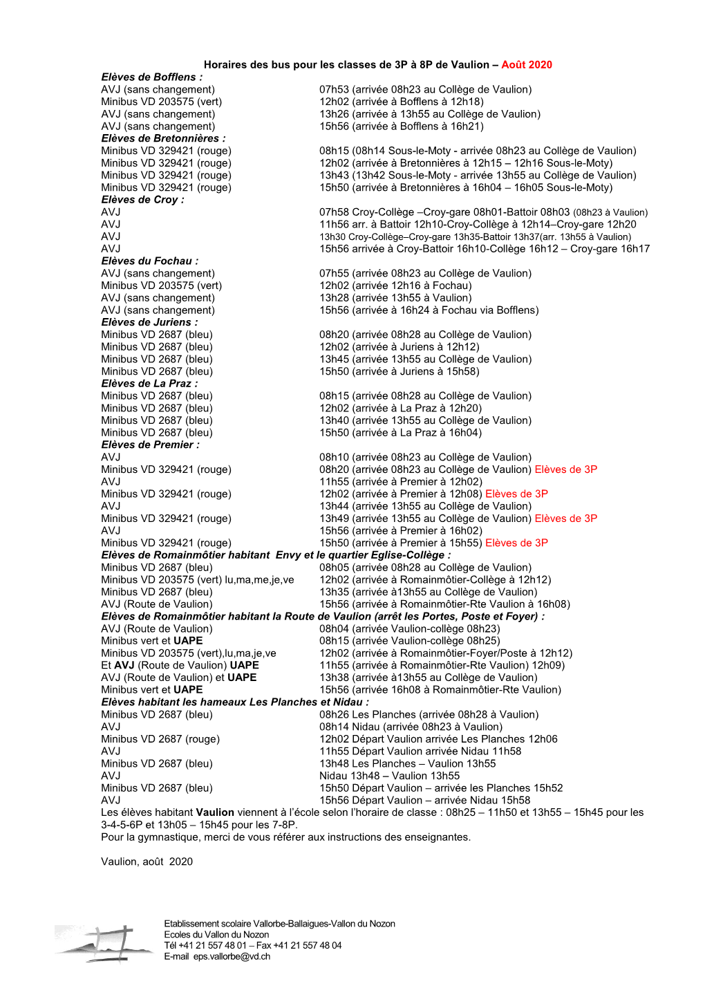 Août 2020 Elèves De Bofflens : AVJ (Sans Changement) 07H53 (Arriv