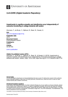 Impairments in Cognitive Empathy and Alexithymia Occur Independently of Executive Functioning in College Students with Autism