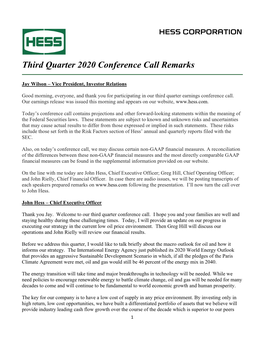 Third Quarter 2020 Conference Call Remarks