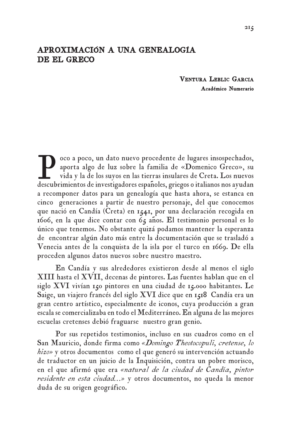 “Aproximación a Una Genealogía De El Greco”, Por Ventura Leblic García