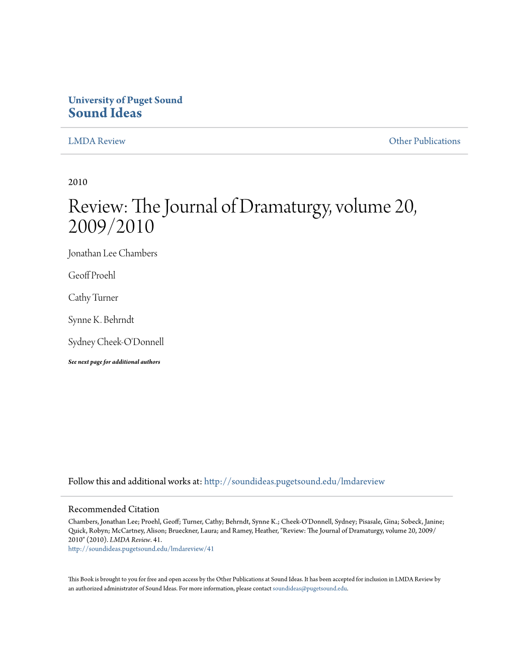 Review: the Journal of Dramaturgy, Volume 20, 2009/2010