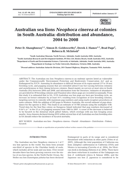 Australian Sea Lions Neophoca Cinerea at Colonies in South Australia: Distribution and Abundance, 2004 to 2008