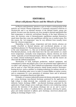 EDITORIAL About Cold Plasma Physics and the Miracle of Easter