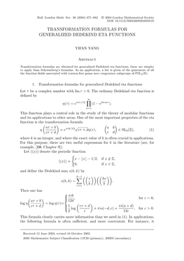 Transformation Formulas for Generalized Dedekind Eta Functions