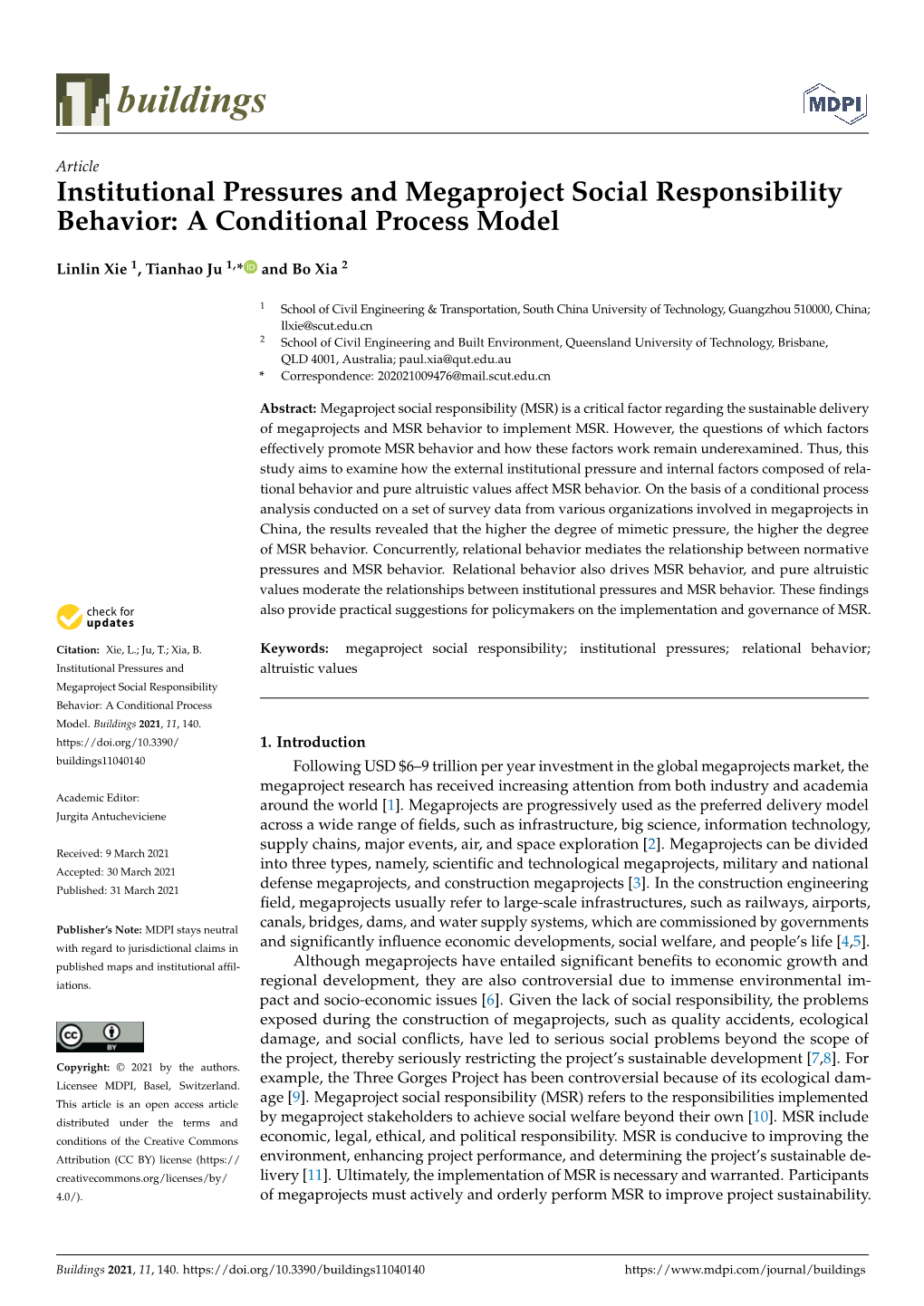 Institutional Pressures and Megaproject Social Responsibility Behavior: a Conditional Process Model