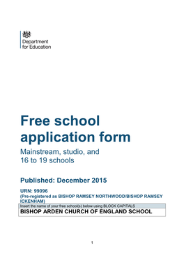 Free School Application Form Mainstream, Studio, and 16 to 19 Schools