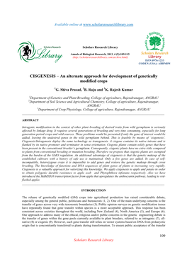 CISGENESIS – an Alternate Approach for Development of Genetically Modified Crops