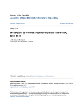 The Taxpayer As Reformer: 'Pocketbook Politics' and the Law, 1860--1940