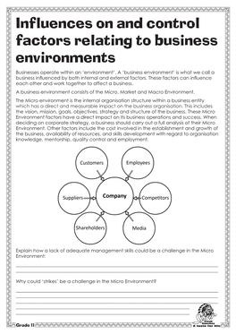 Influences on and Control Factors Relating to Business Environments Businesses Operate Within an ‘Environment’