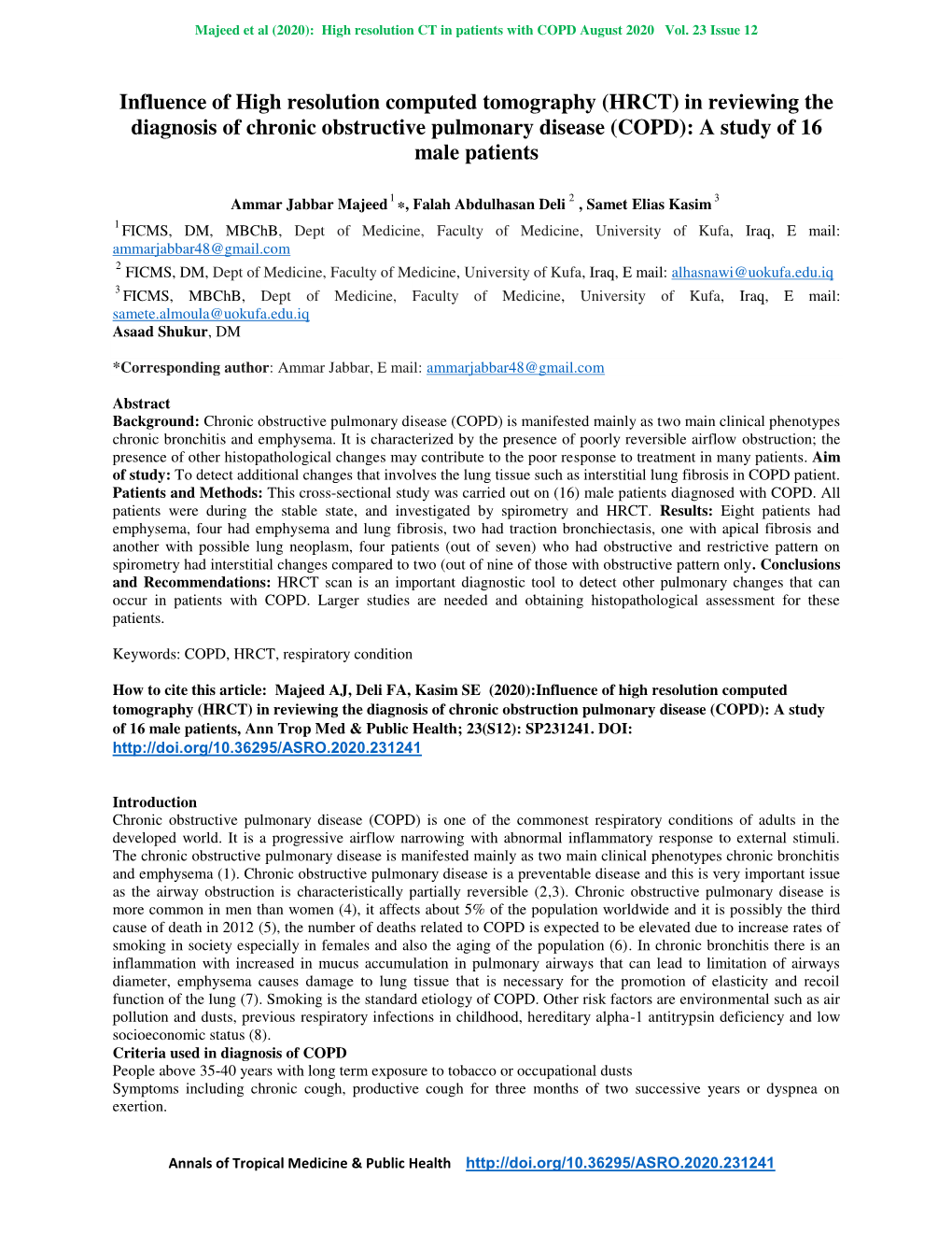 Influence of High Resolution Computed Tomography (HRCT) in Reviewing the Diagnosis of Chronic Obstructive Pulmonary Disease (COPD): a Study of 16 Male Patients