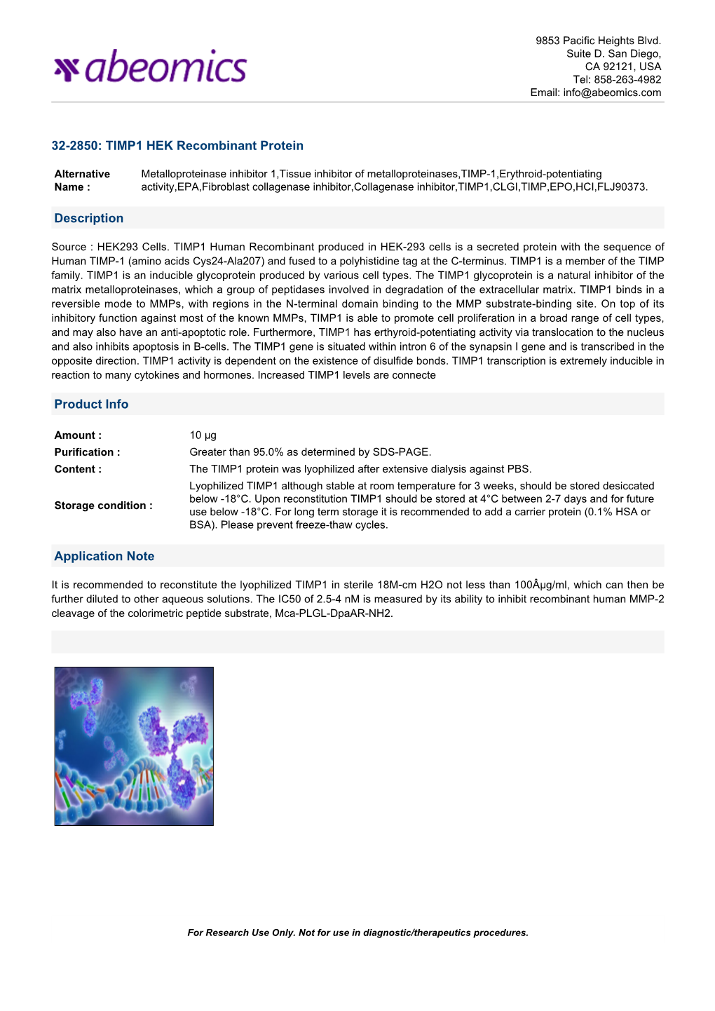 32-2850: TIMP1 HEK Recombinant Protein Description