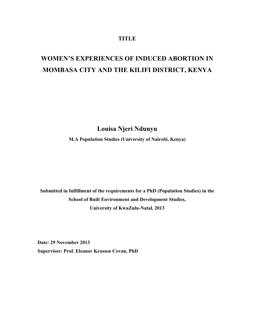Women's Experiences of Induced Abortion In