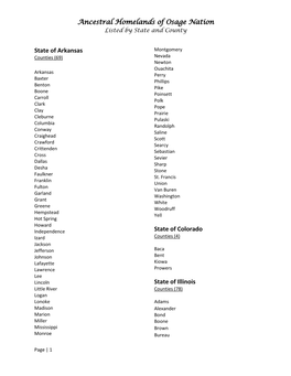 Ancestral Homelands of Osage Nation Listed by State and County