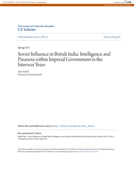 Soviet Influence in British India: Intelligence and Paranoia Within Imperial Government in the Interwar Years Alan Sielaff University of Colorado Boulder