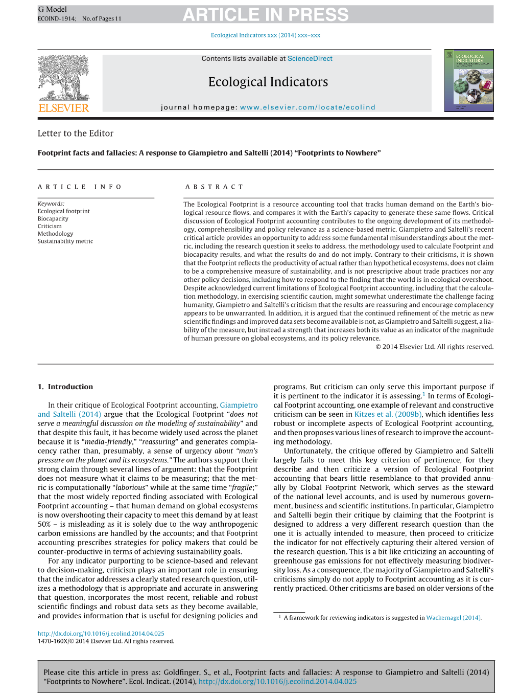 Footprint Facts and Fallacies: a Response to Giampietro and Saltelli (2014) “Footprints to Nowhere”