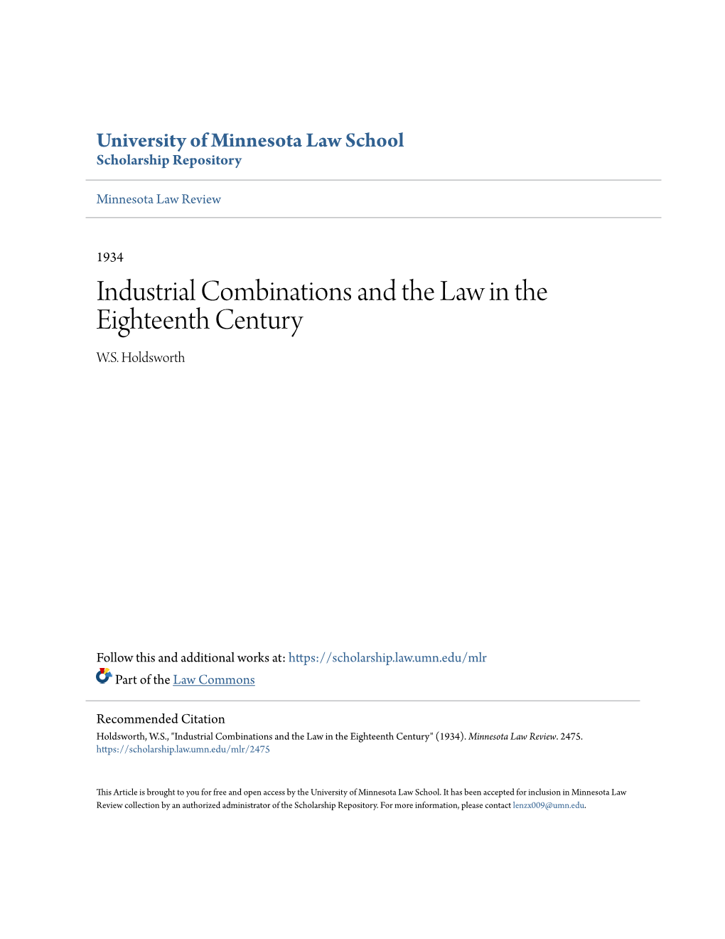 Industrial Combinations and the Law in the Eighteenth Century W.S