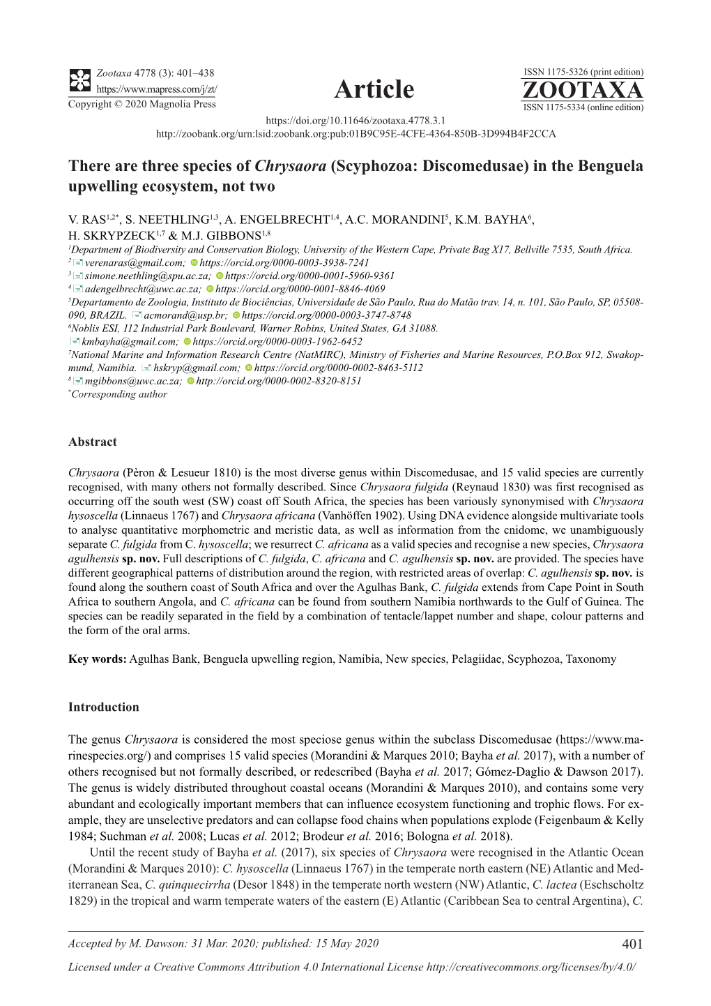 There Are Three Species of Chrysaora (Scyphozoa: Discomedusae) in the Benguela Upwelling Ecosystem, Not Two