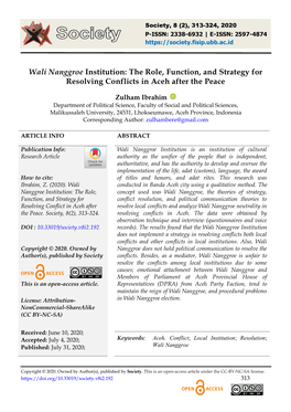 Wali Nanggroe Institution: the Role, Function, and Strategy for Resolving Conflicts in Aceh After the Peace