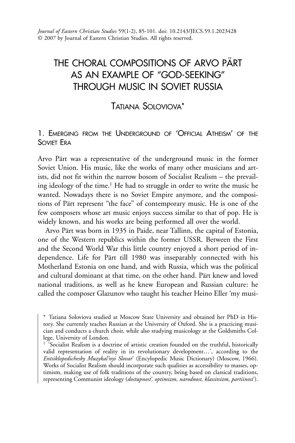 The Choral Compositions of Arvo Pärt As an Example of “God-Seeking” Through Music in Soviet Russia