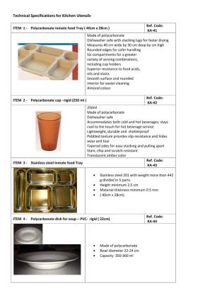 Technical Specifications for Kitchen Utensils