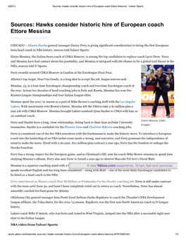 Sources: Hawks Consider Historic Hire of European Coach Ettore Messina - Yahoo! Sports