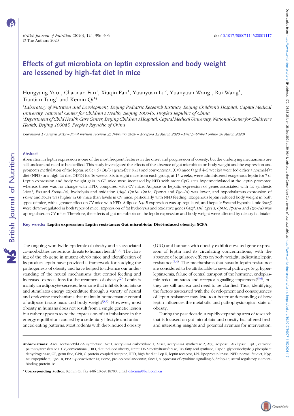 Effects of Gut Microbiota on Leptin Expression and Body Weight Are Lessened by High-Fat Diet in Mice