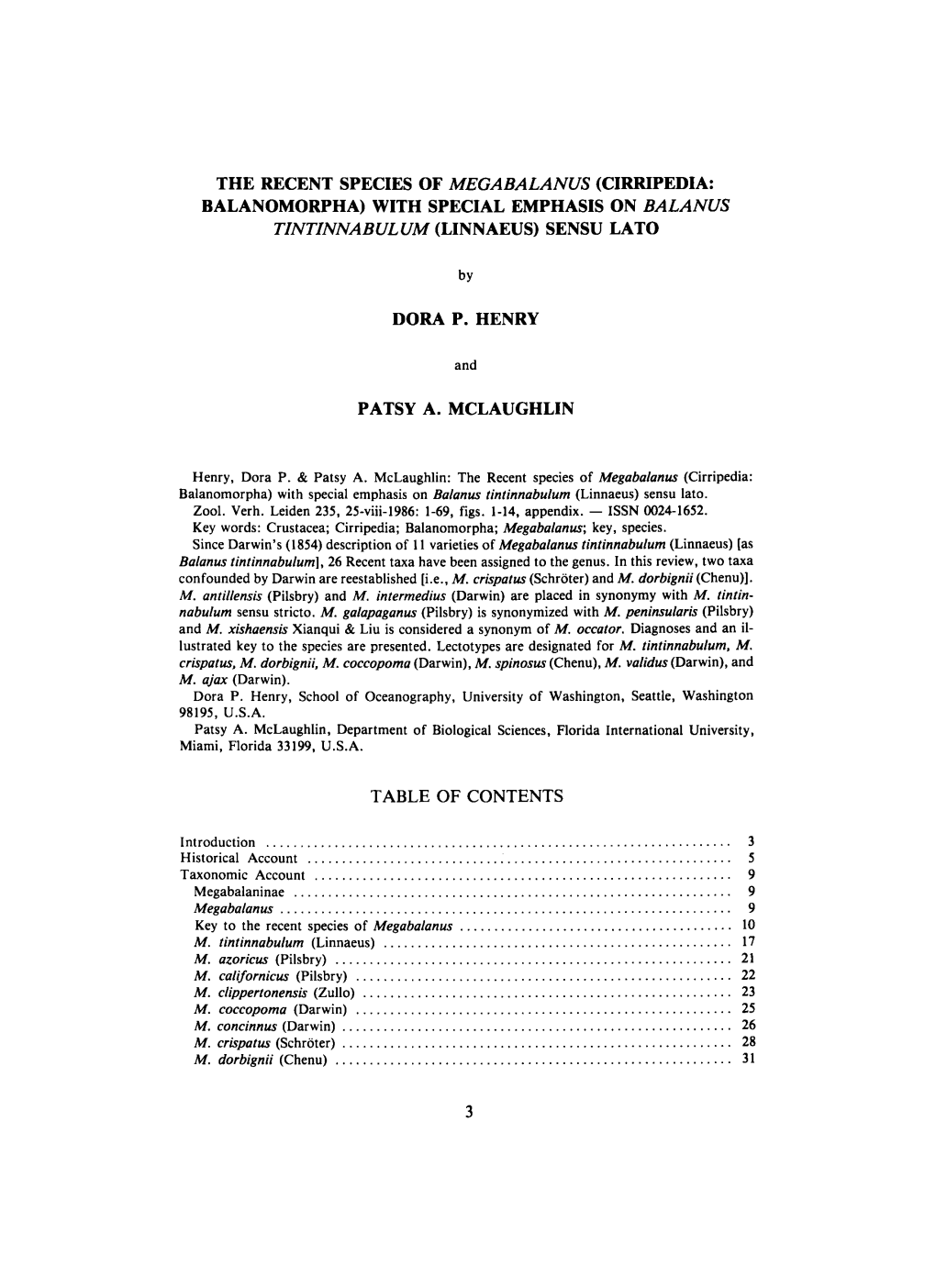 The Recent Species of Megabalanus (Cirripedia: Balanomorpha) with Special Emphasis on Balanus Tintinnabulum (Linnaeus) Sensu Lato