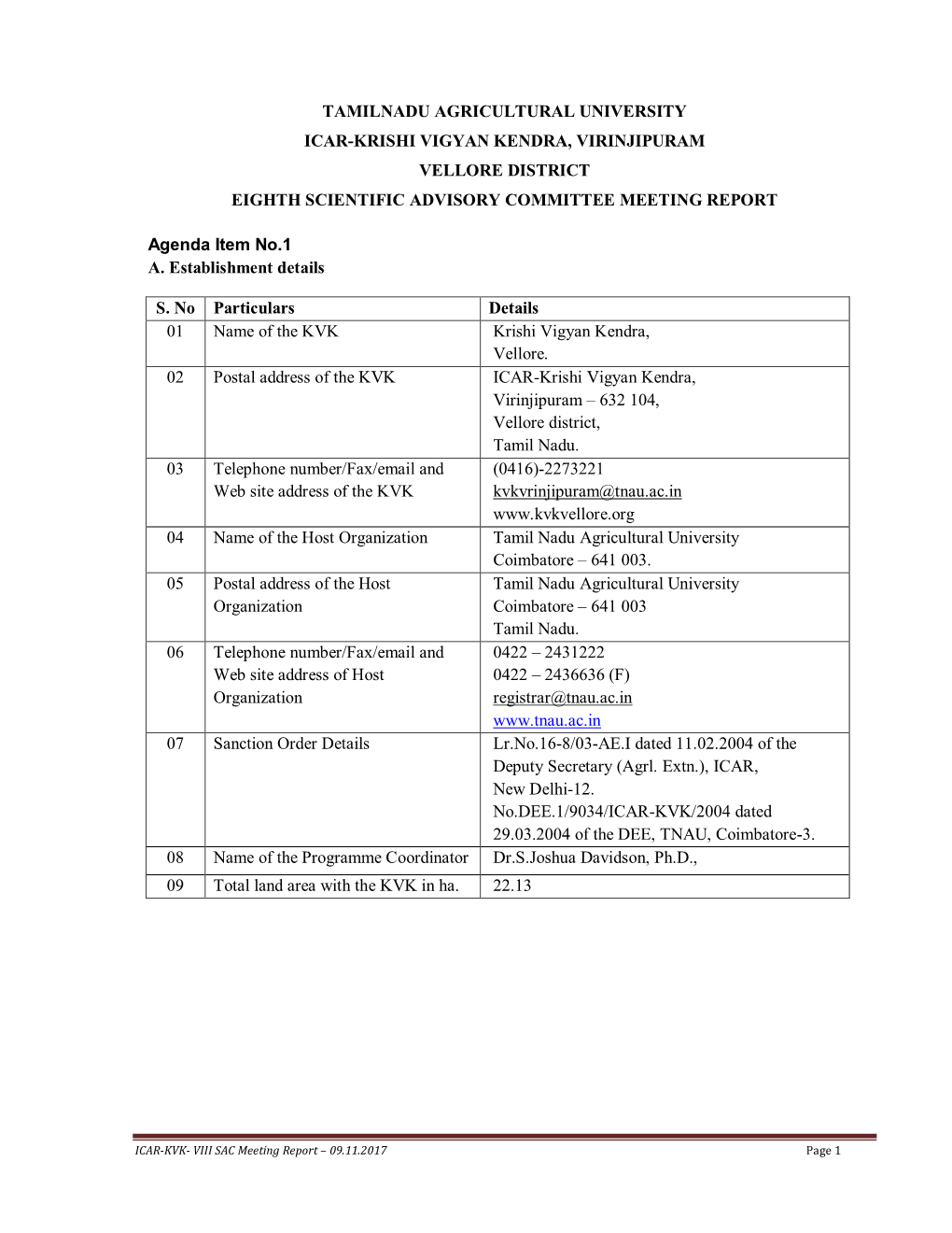 Tamilnadu Agricultural University Icar-Krishi Vigyan Kendra, Virinjipuram Vellore District Eighth Scientific Advisory Committee Meeting Report