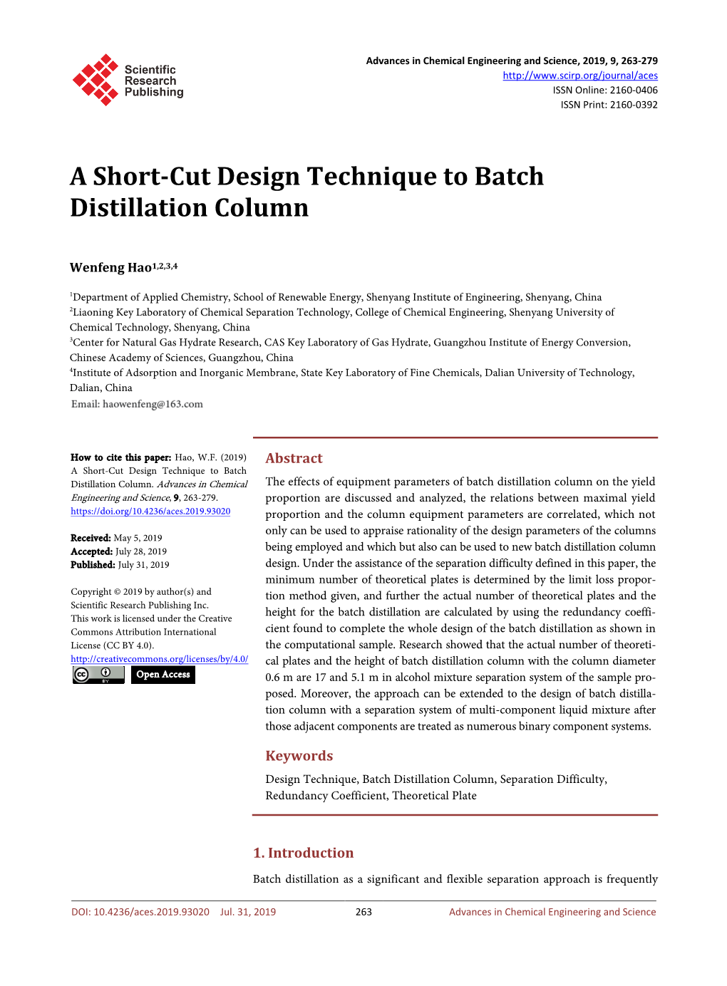 A Short-Cut Design Technique to Batch Distillation Column