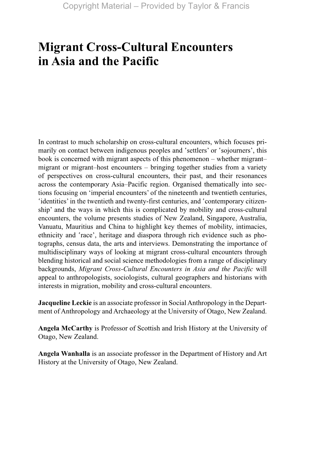 Migrant Cross-Cultural Encounters in Asia and the Pacific