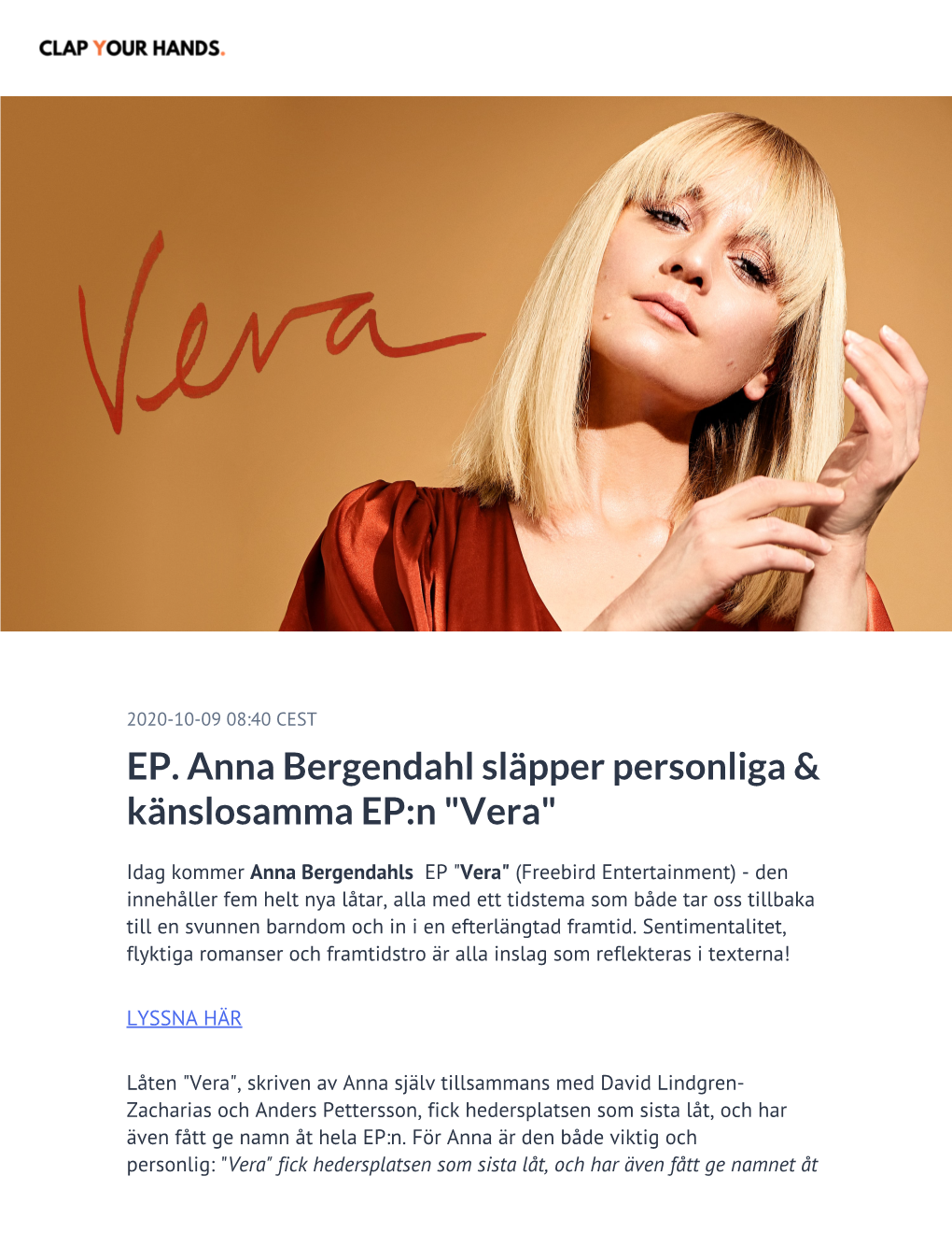 EP. Anna Bergendahl Släpper Personliga & Känslosamma EP:N "Vera"