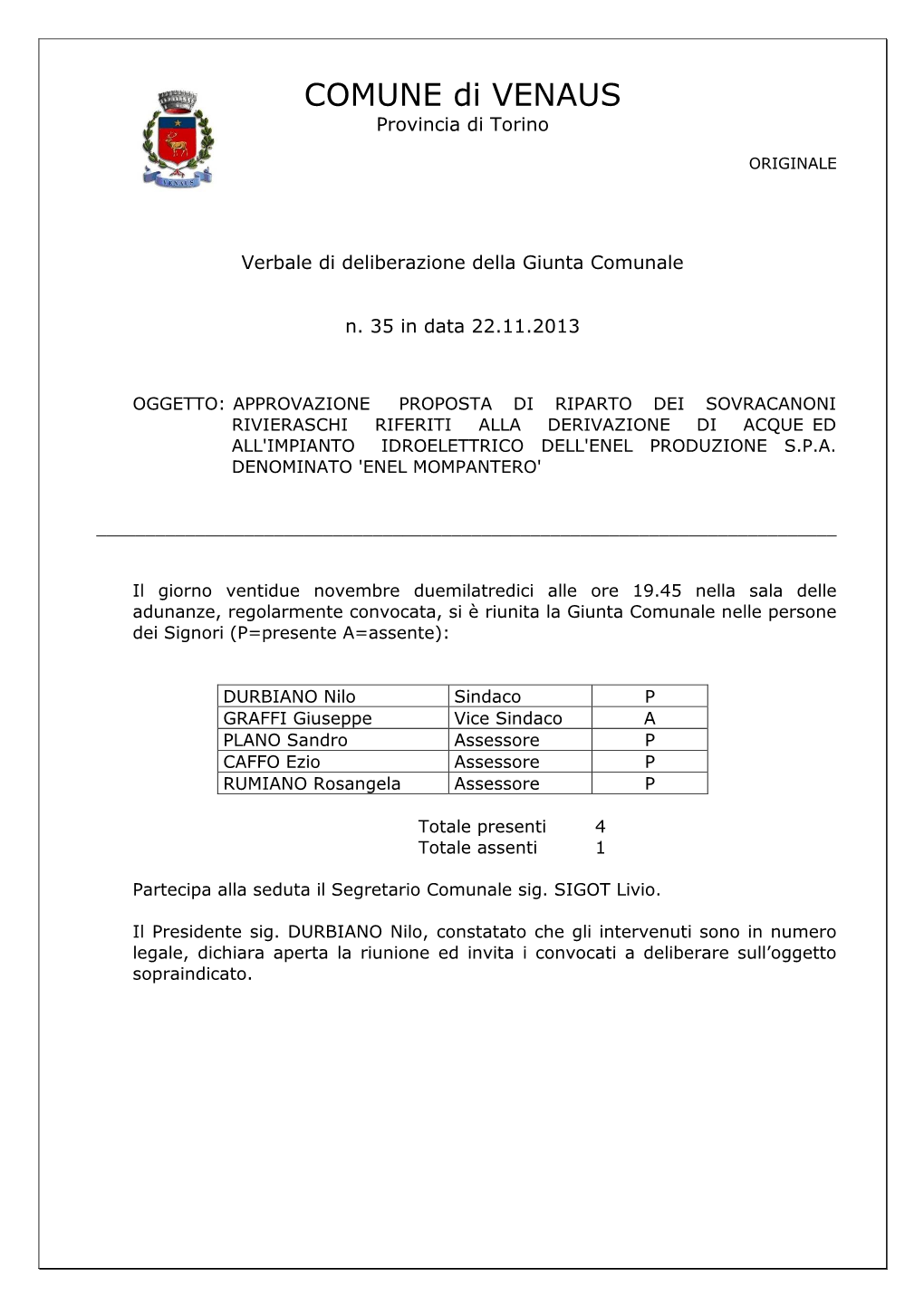 COMUNE Di VENAUS Provincia Di Torino