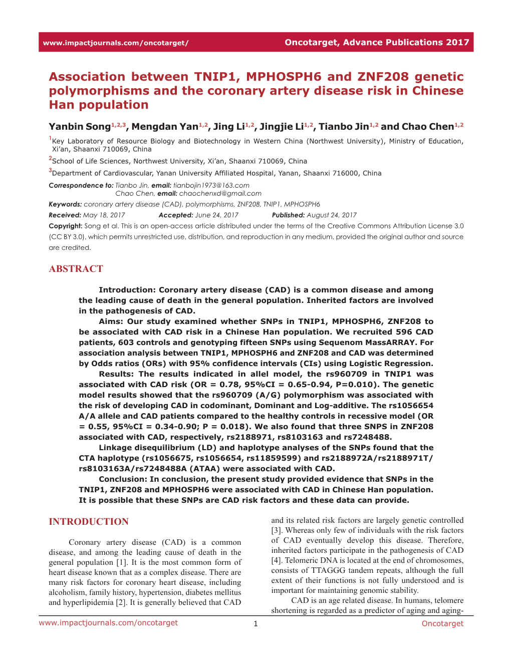Association Between TNIP1, MPHOSPH6 and ZNF208 Genetic Polymorphisms and the Coronary Artery Disease Risk in Chinese Han Population