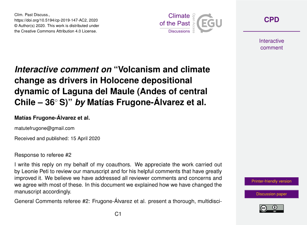 Volcanism and Climate Change As Drivers in Holocene Depositional Dynamic of Laguna Del Maule (Andes of Central Chile – 36◦ S)” by Matías Frugone-Álvarez Et Al