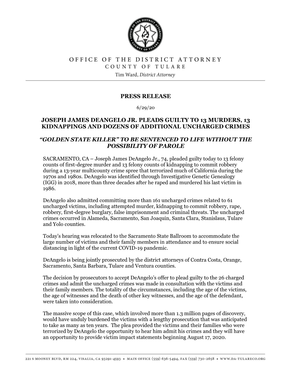 Press Release Joseph James Deangelo Jr. Pleads Guilty