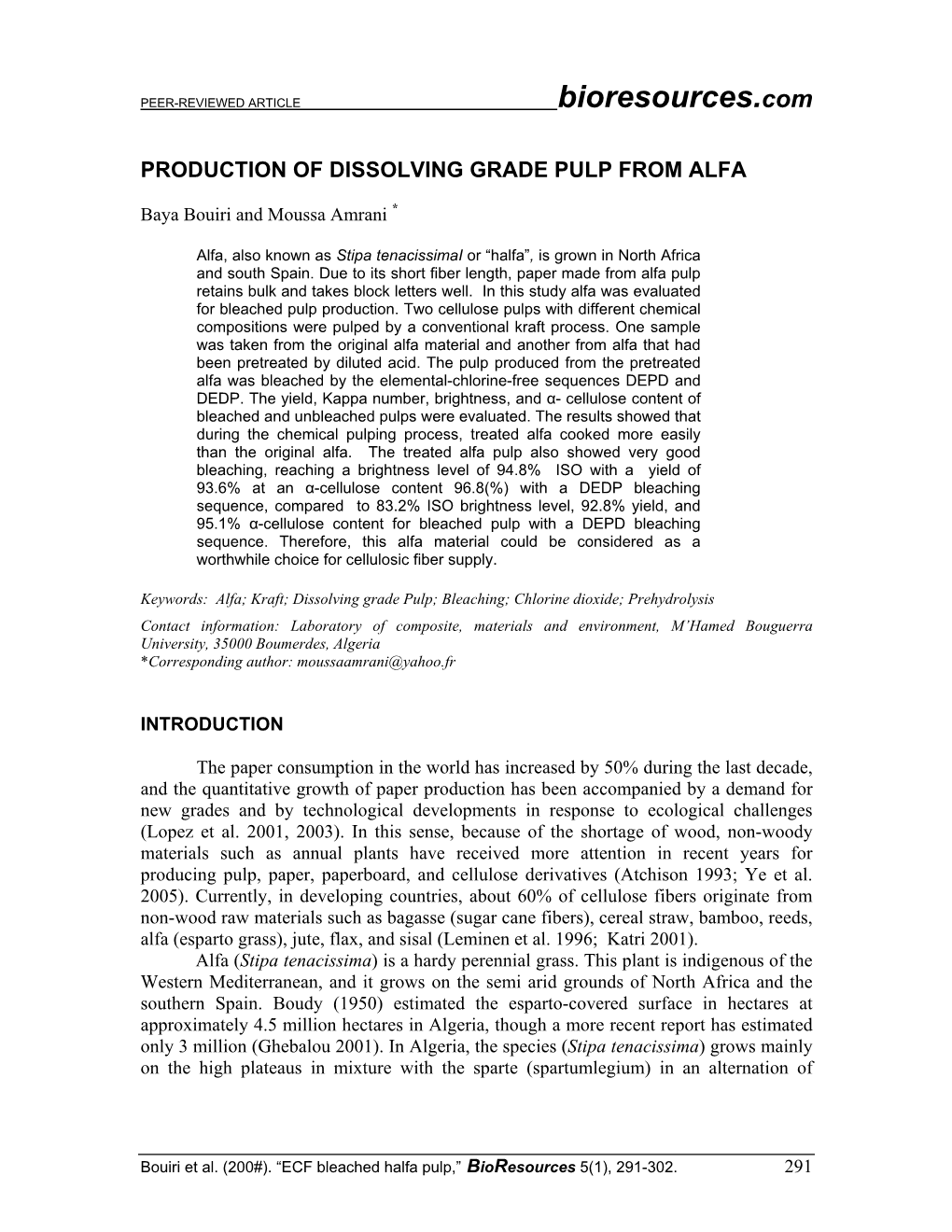 Production of Dissolving Grade Pulp from Alfa