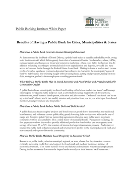 Public Banking Institute White Paper Benefits of Having A