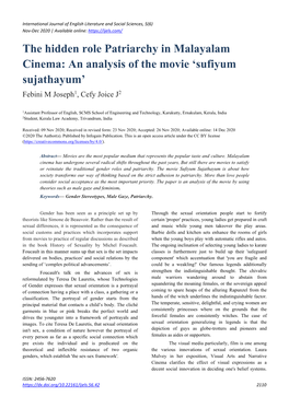 The Hidden Role Patriarchy in Malayalam Cinema: an Analysis of the Movie ‘Sufiyum Sujathayum’ Febini M Joseph1, Cefy Joice J2