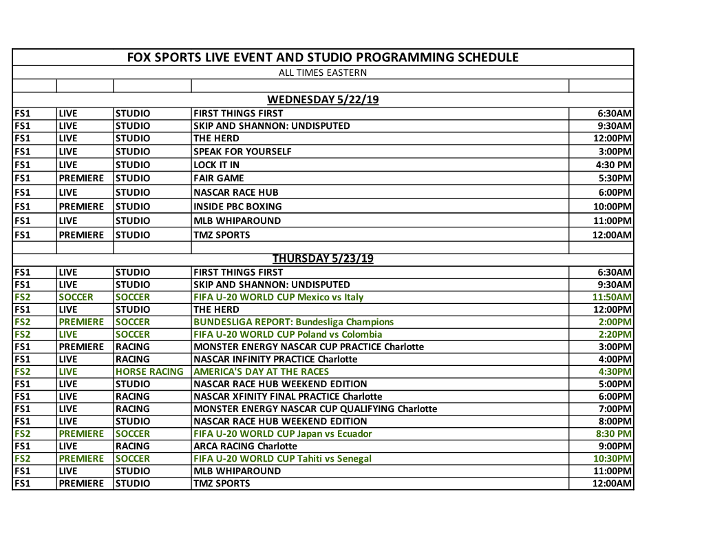 Fox Sports Live Event and Studio Programming Schedule All Times Eastern